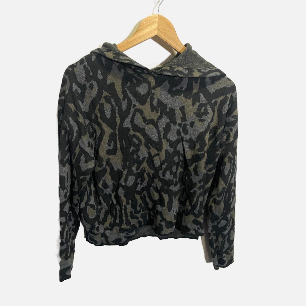 Anthropologie Kasia Knit Hoodie Sweater Green Grey Animal Print Leopard Size M